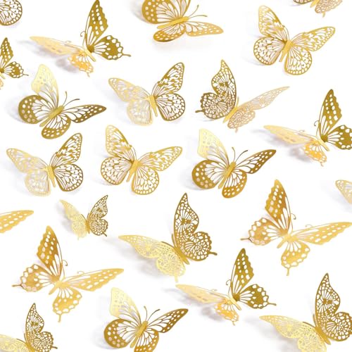UCLEVER 3D Schmetterlinge Golden metallic Deko, 48 Stück 4 Stile, 3 Größen Gold Schmetterling Dekorationen für Geburtstag & Party Feiern (Gold) von UCLEVER