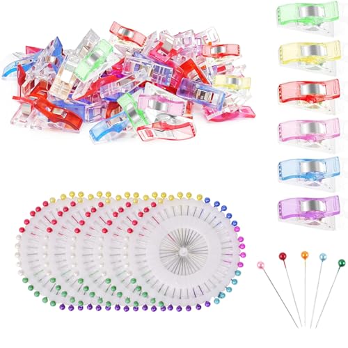 UCLEVER 50 Stück Nähklammern Stoffklammern, 200 Stück Stecknadeln mit Kopf Glaskopfnadeln,Edelstahl Stecknadeln Mehrfarbig Nähzubehör Multifunktionale Nähklammern, Nähclips DIY-Klammern zum Nähen von UCLEVER