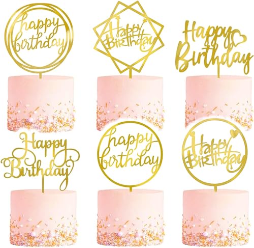 UCLEVER 6 Stück Goldenes Happy Birthday Tortendeko Set, Acryl Glitter Cupcake Topper, Girlande Herze Sternen Cake Topper, Kuchen Deko für Mädchen, Kinder, Hochzeit (Gold) von UCLEVER