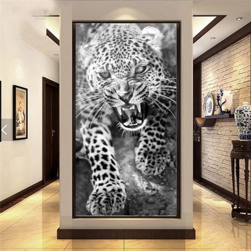 Diamond Painting Schwarz-weißer Leopard Diamant Painting Bilder Erwachsene Groß Diamant malerei Set Full Round Strass Stickerei Kreuzstich Diamond Art Kunst Deko Wohnzimmer Schlafzimmer Wand 30x60cm von UDERUI