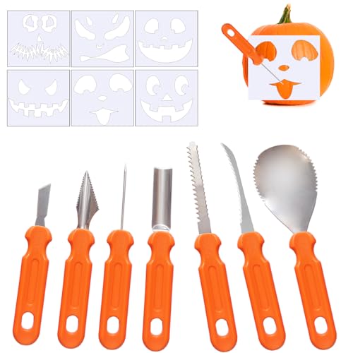 UDIKEFO Halloween Kürbis Schnitzset, 7 STK Kürbis Schnitzen Set mit 6 PVC schnitzvorlagen DIY Halloween Dekoration Edelstahl Kürbis Schnitzwerkzeuge für Kinder und Familie von UDIKEFO