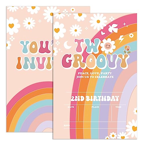 UDNADKEX Einladungen zum 2. Geburtstag Mädchen Groovy mit Umschlägen, Einladungen für Mädchen zum zweiten Geburtstag, Gänseblümchen-Regenbogen, 20 Stück, zwei groovige von UDNADKEX
