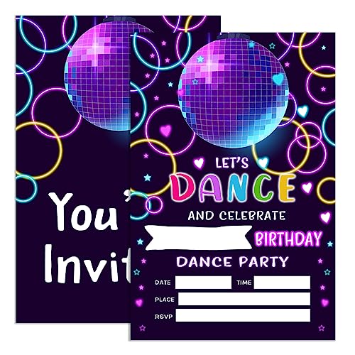 UDNADKEX Einladungskarten zum Tanzen für Mädchen mit Umschlägen, Einladungen für Geburtstagsparty Disco, Retro Neon Laser Geburtstag Party Einladungskarten, Let's Dance, 4 x 6 Zoll 20 Stück von UDNADKEX