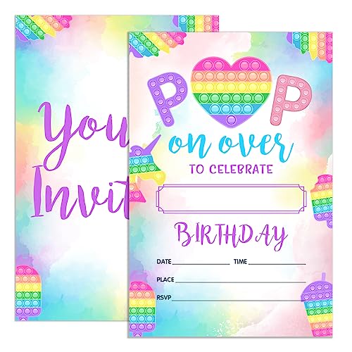 UDNADKEX Pop It Geburtstagseinladungen für Mädchen mit Umschlägen, Einladungen für Regenbogen Fidget Toy Geburtstagsparty, Pop on Over Einladungskarten, 4 x 6 Zoll 20 Stück von UDNADKEX