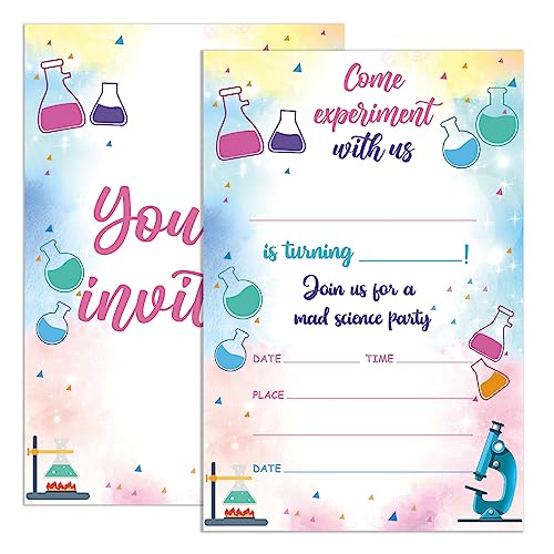 UDNADKEX Science Birthday Invitations Girl with Envelopes, Invites for Girls Birthday Party Science, Mad Science Birthday Party Invitations Cards, 4"x6" Set of 20, Come Experiment with Us von UDNADKEX