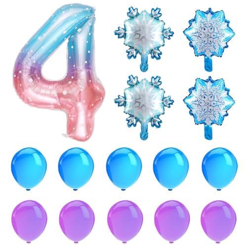 1 Stück Nummer 4 Luftballons, 4 Stücke Schneeflockenballons Und 10 Blau- Und Lila -Luftballons, Mädchen Für Die Geburtstagsfeier Für Mädchen, Party -Szenenarrangement. von UDNFHL