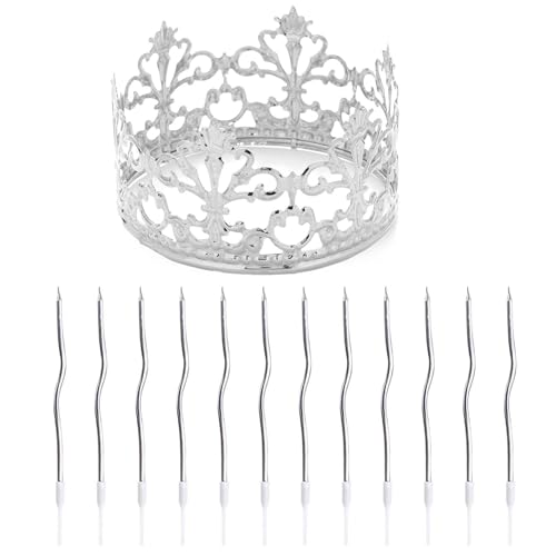 UDNFHL 1 Stück Metall -Geburtstagskrone, 12 Kurvenkerzen, Prinzessin Silberkopfschmuck, Kuchen -Topper, Geburtstagsfeierdekoration. von UDNFHL