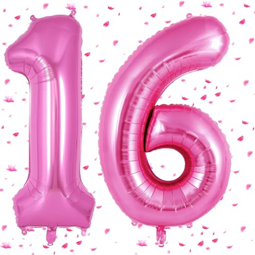 Rosa Pink Luftballon 16,Zahlen Luftballons rosa pink,40 Zoll Folienballon 16,101cm Rosa Pink Zahlenballon 16 Helium Ballon 16th Geburtstag für Geburtstagsdeko Kinder Mädchen Junge von UDRKFOPK