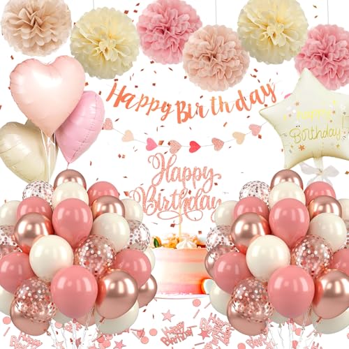 UDRKFOPK Geburtstagsdeko Mädchen,Geburtstagsdeko Mit Rosa Beige Gold Luftballons Geburtstag,Konfetti Ballons Geburtstag Pompons Party Deko Rosa Beige für Geburtstagsdeko Mädchen Baby von UDRKFOPK