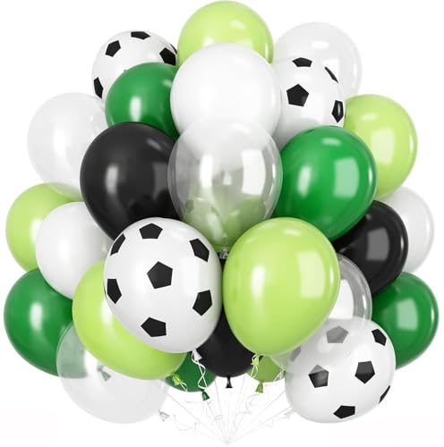 UDRKFOPK Luftballons für Fußball Geburtstagspartys, 60 Stück 12 Zoll Luftballons mit Fußball-Aufdruck, Grüne und Schwarz Luftballons, Latex Luftballons für Jungen Fußballparty Sportjubiläum Babyparty von UDRKFOPK