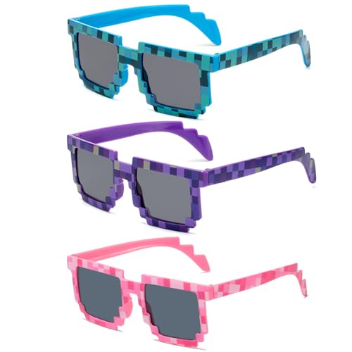 UDTGYELF pixel sonnenbrille, 3er Coole Pixel Brillen, party sonnenbrille, Mosaikbrillen witzige sonnenbrillen, Lustige Sonnenbrille für Geburtstagsfeier, Karneval(Blau Rosa lila) von UDTGYELF