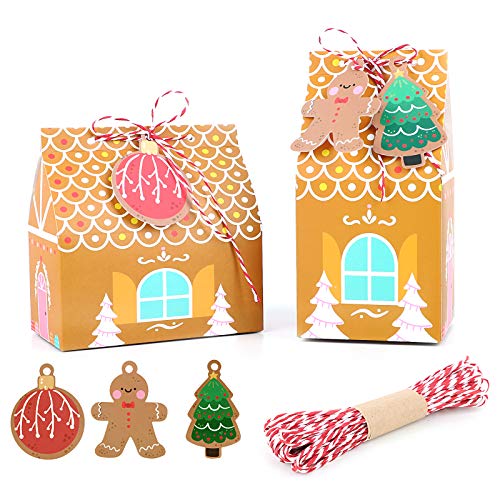 UFLF 24 Stück Weihnachten Geschenkbox Süßigkeiten Box Hausform Geschenktüten Kraftpapier Geschenkverpackung Geschenkschachtel Partytüten Papiertüten mit Geschenkanhänger und Schnur von UFLF