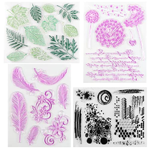 Silikonstempel Stempelset Clear Stamp Stempel Blumen und Blätter Herbst Silikon Klar Stempel Pusteblume und Feder Clear Stamps Set Vintage für DIY Bullet Journal Scrapbooking Fotoalbum (4 Stück) von UGBO