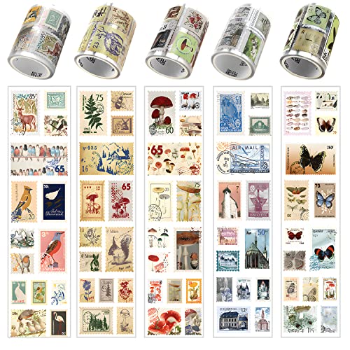 UGBO Washi Masking Tape Set Vintage Washi Tape Sticker Dekoratives Klebeband Multi-Pattern Pilze Schmetterlinge Vogel für DIY Scrapbooking Stempel Aufkleber Bullet Journals Planer 5 Rollen von UGBO