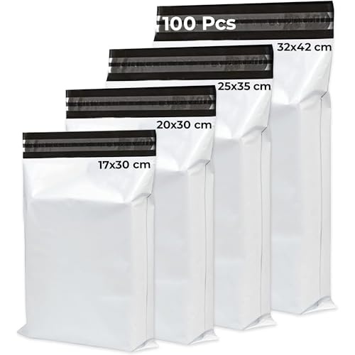 UGIX Versandtaschen, Pakettaschen, Kunststoff, 100 Stück, 4 verschiedene Größen, selbstklebend, Verpackung für Kleidung, wasserfest und reißfest, ideal für kleine Unternehmen, Weiß von UGIX