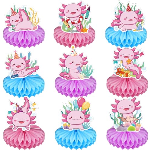 Axolotl Geburtstagsdekorationen Waben-Mittelstücke – 9 Stück niedliche Axolotl Happy Birthday Waben-Mittelstücke Cartoon-Tier-Tischdekoration für Mädchen, Reptilien-Themenparty, Babyparty-Zubehör von UGUHHKUY