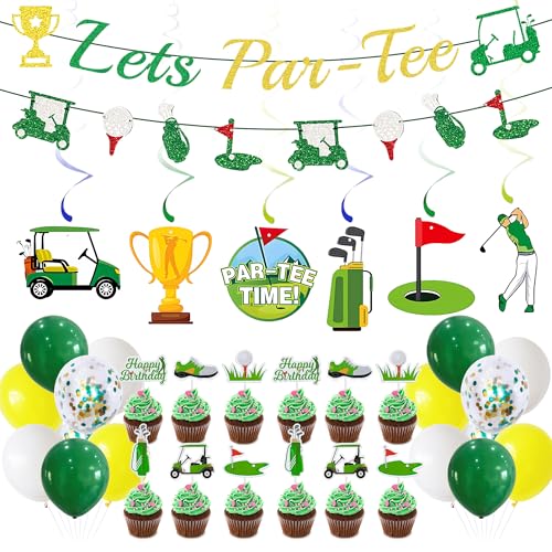 Golf-Geburtstagsdekorationen, Partyzubehör – 36 Stück, Golf-Geburtstagsdekoration, Luftballons, Banner, hängende Wirbel, Kuchendekoration für Männer, Thema, Par-Tee-Time, Babyparty, Sport von UGUHHKUY