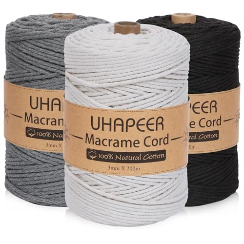 UHAPEER Makramee Garn 3mm x 200m, Baumwollgarn 3er Set, Macrame Cord Bunt, Baumwollkordel Natur, Für Boho Deko, DIY Handwerk, Wanddeko, Hängepflanze UHAPEER Makramee Garn 3mm x 200m, Baumwollgarn 3er Set, Macrame Cord Bunt, Baumwollkordel Natur, Für Boho Deko, DIY Handwerk, Wanddeko, Hängepflanze von UHAPEER