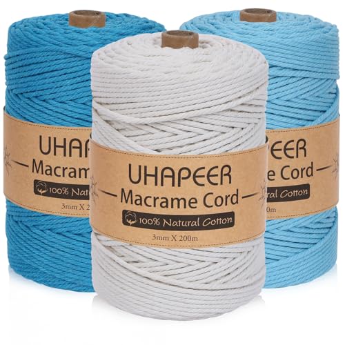 UHAPEER Makramee Garn 3mm x 200m, Baumwollgarn 3er Set, Macrame Cord Bunt, Baumwollkordel Natur, Für Boho Deko, DIY Handwerk, Wanddeko, Hängepflanze UHAPEER Makramee Garn 3mm x 200m, Baumwollgarn 3er Set, Macrame Cord Bunt, Baumwollkordel Natur, Für Boho Deko, DIY Handwerk, Wanddeko, Hängepflanze von UHAPEER