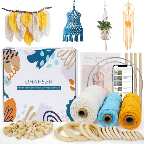 UHAPEER Makramee Garn DIY Kit, 64 Stücke Baumwollgarn Traumfänger Bastelset, Naturbaumwollseil für Erwachsene Anfänger, inbegriffen 3 Seil Macrame, Eisenring, Holzstäbchen, Holzringe, Holzperlen von UHAPEER