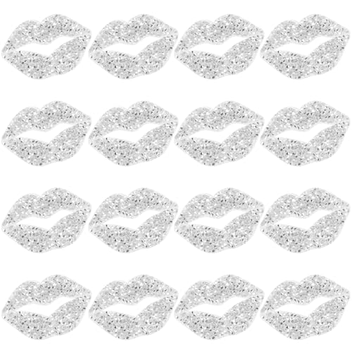 UHOMENY 16 Stück Strass Lippen Bügelbilder für Kleidung Rot Silber Selbstklebende Applikationen Strass Glitzer Kuss Mund Patches für DIY Handwerk Kleidung Tasche Hut Schuhe (Silber) von UHOMENY