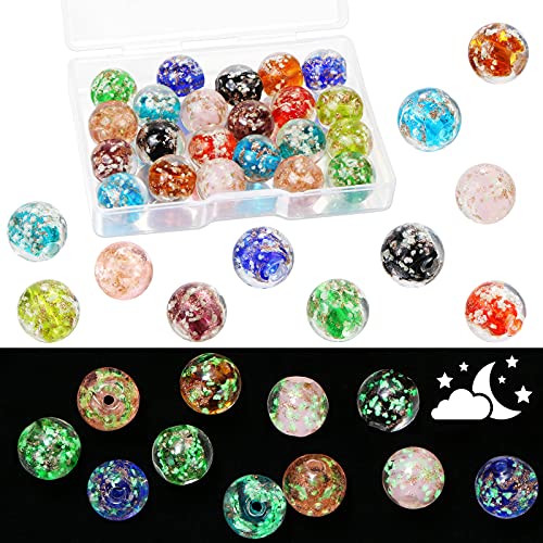 UHOMENY 22 Stück sortierte im Dunkeln leuchtende Perlen, 12 mm leuchtende Craquelé-Glasperlen, europäische Lampwork-runde Perlen, leuchtende Kristallperlen, Schmuckherstellung, 11 Farben von UHOMENY
