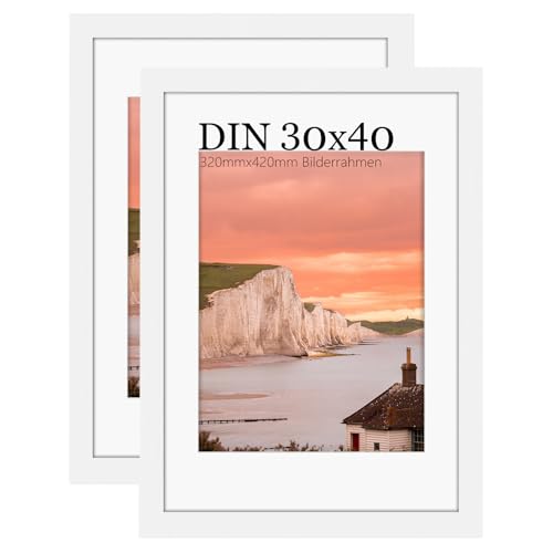 UHOUSEST Bilderrahmen 30x40, Fotorahmen 30x40 cm Bilder, Weiß Holz Fotorahmen Matte und Plastikglas Tischplatte und Wandmontage, Posterrahmen elegantes klassisches Design(2er-Set) von UHOUSEST
