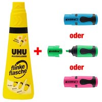 AKTION: UHU flinke flasche Alleskleber 90,0 g + GRATIS edding Textmarker (grün, blau oder pink) von UHU