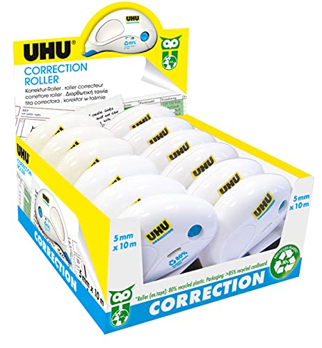 UHU Correction Roller Compact, Korrekturroller zum schnellen, sauberen und zeilengenauen Korrigieren von Texten, weiß deckend, 12 Stück à 10 m x 5 mm von UHU