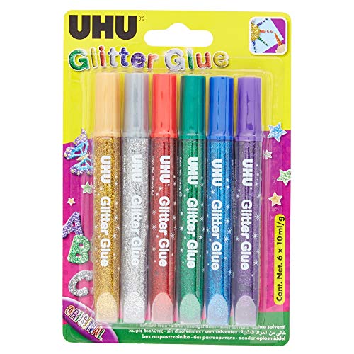 UHU Glitter Glue Original, Glitzerkleber zum Basteln, Dekorieren und kreativen Gestalten in Tube mit feiner Dosierspitze, 6 x 10 ml von UHU