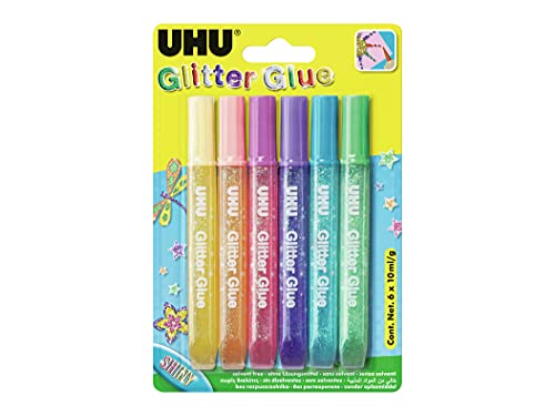 UHU Glitter Glue Shiny, Glitzerkleber zum Basteln, Dekorieren und kreativen Gestalten in Tube mit feiner Dosierspitze, 6 x 10 ml, Mehrfarbig von UHU