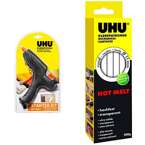 UHU Heißklebe-Set - Heißklebepistole Hot Melt Starter-Kit mit Hot Melt transparenten Klebepatronen, 11 mm Durchmesser, 200 g, transparent von UHU