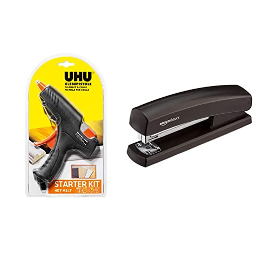 UHU Heißklebepistole Hot Melt Starter-Kit (Pistole + 6 Patronen) & Amazon Basics Heftgerät mit 1.000 Heftklammern, Schwarz von UHU