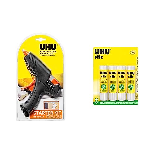 UHU Heißklebepistole Hot Melt Starter-Kit (Pistole + 6 Patronen) & Stic, Der Bewährte Klebestift - Klebt Stark, schnell und dauerhaft, 4 x 21 g von UHU