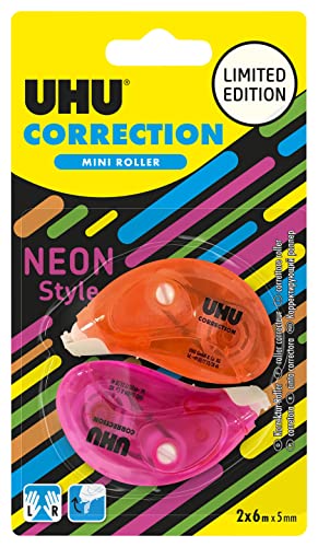 UHU Neon Korrekturroller Mini – schnelles, sauberes und genaues Korrekturband, weiß, 6 m x 5 mm, 2 Stück von UHU