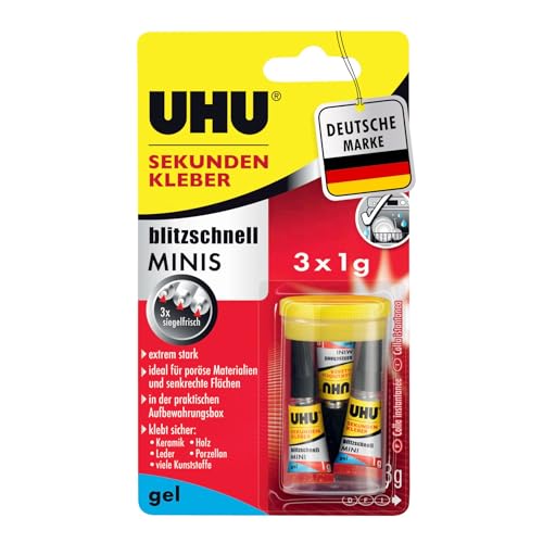 UHU Sekundenkleber extra stark | 3x1g Kleber Tuben mit Aufbewahrungsbox | Sekundenkleber Gel für Kunststoff, Metall, Holz, Keramik, Porzellankleber | Superkleber & Kunststoffkleber von UHU