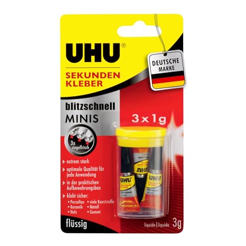 UHU Sekundenkleber extra stark | 3x1g Kleber Tuben mit Aufbewahrungsbox | Sekundenkleber flüssig für Kunststoff, Metall, Holz, Keramik, Porzellankleber | Superkleber & Kunststoffkleber UHU Sekundenkleber extra stark | 3x1g Kleber Tuben mit Aufbewahrungsbox | Sekundenkleber flüssig für Kunststoff, Metall, Holz, Keramik, Porzellankleber | Superkleber & Kunststoffkleber von UHU