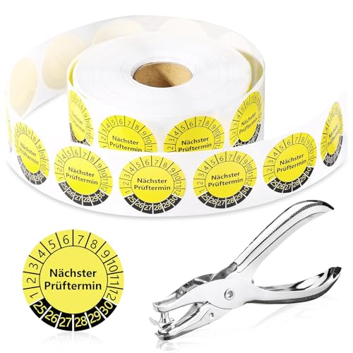 UICCVOKK 1000 Stück Prüfplaketten 30MM mit Prüfplakette Lochzange Rundloch 3MM Satz Gelb, Nächster Prüftermin Prüfplakette Aufkleber Wartungsetiketten für Prüfung,Jahre: 2025-2030 von UICCVOKK
