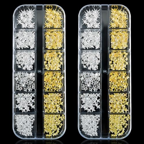 UICCVOKK 2 Boxes Gold Silber Stern Schleifen Nail Charms, 24 Grid Star Bows Nails Charm Nails Studs, Gold Silver Nail Charms, Legierung Glitzersteine Nagel Edelsteine Deko für Nageldesign Zubehör von UICCVOKK