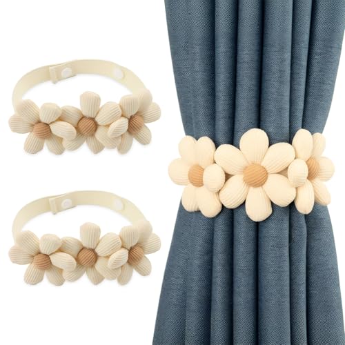 UICCVOKK 2 Stück Blumen Gardinen Raffhalter, Blumen Vorhang Raffhalter, Süße Boho Dekorative Vorhanghalter Elastisch, Vorhang Halter mit Verstellbaren Riemen, Vorhang Raffhalter für Haus Büro (Beige) von UICCVOKK