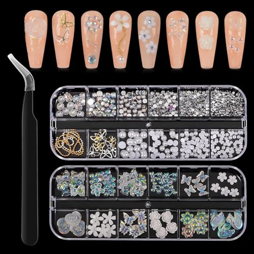 UICCVOKK 3D Nail Charms, 3D-Nagelanhänger, 2 Boxen in verschiedenen Formen Aurora Schmetterling Blume Illusion AB Diamanten Perlen Kette Metall Zubehör, Nagelkunst Dekoration mit Pinzette UICCVOKK 3D Nail Charms, 3D-Nagelanhänger, 2 Boxen in verschiedenen Formen Aurora Schmetterling Blume Illusion AB Diamanten Perlen Kette Metall Zubehör, Nagelkunst Dekoration mit Pinzette von UICCVOKK