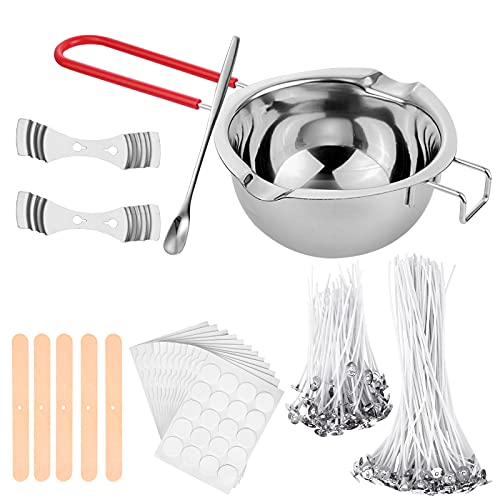 UIHOL Kerzenherstellung Zubehör Set, 200 Kerzendocht DIY, 400ml Edelstahl Schmelztopf, 1 Löffel, 2 Metallkerzendochte Festen Halter +5 Kerzendochthalter aus Holz, 240 Kerzedochte Aufkleber von UIHOL