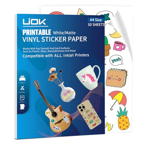 Sticker Papier zum Bedrucken, Matte Weiß Vinylfolie Sticker Papier zum Bedrucken 30 Blätter Bedruckbares Vinyl für Tintenstrahldrucker, A4 Selbstklebende Folie zum Bedrucken für DIY-Aufkleber von UIOK