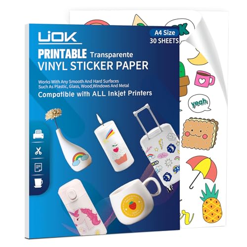 Sticker Papier zum Bedrucken, Transparente Vinylfolie Sticker Papier zum Bedrucken 30 Blätter Bedruckbares Vinyl für Tintenstrahldrucker, A4 Selbstklebende Folie zum Bedrucken für DIY-Aufkleber von UIOK