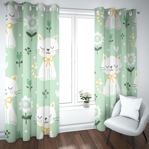 UIRINGART Cartoon Wildblumen Grüne Vorhänge Niedliche weiße Katze Muster Wärmeisolierte Fensterbehandlung für Kinderzimmer Schlafzimmer Spielzimmer 2 Paneele H210xB140 UIRINGART Cartoon Wildblumen Grüne Vorhänge Niedliche weiße Katze Muster Wärmeisolierte Fensterbehandlung für Kinderzimmer Schlafzimmer Spielzimmer 2 Paneele H210xB140 von UIRINGART
