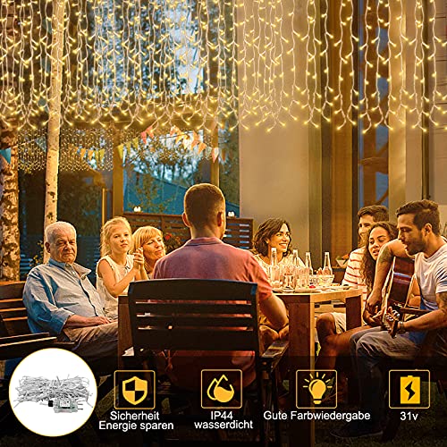 UISEBRT 5m LED Lichterkette Lichtervorhang für Außen Innen - 200 LEDs Warmweiß Eisregen Lichterkettenvorhang mit 8 Modi, IP44 Wasserfest für Weihnachten Halloween Party Garten (5m) von UISEBRT