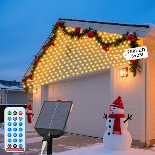 UISEBRT Lichternetz Außen Solar 3x2m 250LED - Solar Weihnachtsbeleuchtung LED Lichterketten Warmweiß, mit 13 Modi & Timer Wasserdicht IP44 für Aussen Halloween, Weihnachtsdeko, Ostern, Gartendeko von UISEBRT