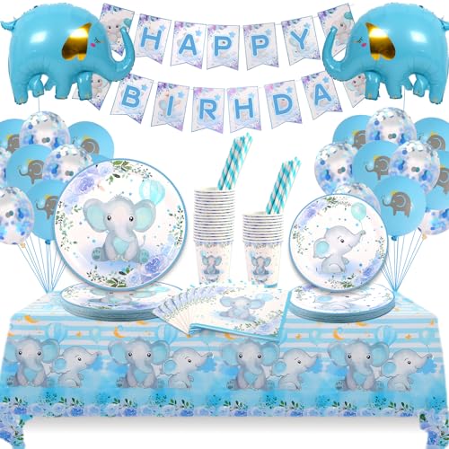 UITEAMO 149 Stück Junge Geburtstag Partygeschirr Set mit Blau Elefant Pappteller Becher Strohhalme Servietten Tischdecke Banner Luftballon für Babyparty Deko Junge Mädchen für 25 Gäste von UITEAMO