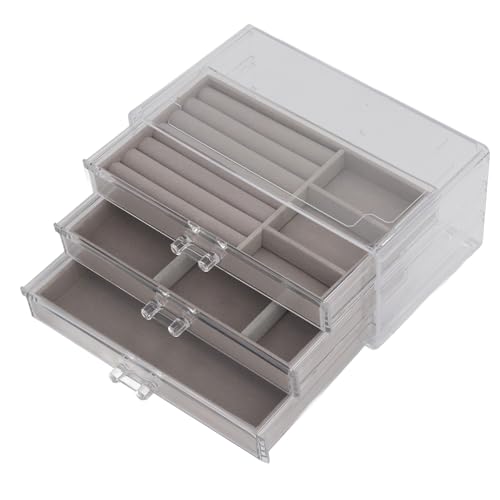 Transparente Acryl-Samt-Schmuckschatulle mit 3 Schubladen, Transparenter Acryl-Schmuck-Ohrring-Halsketten-Organizer, Ohrring-Schmuck-Organizer für Schmuckaufbewahrung und Präsentationsgeschenk(Grau) von UIYIHIF