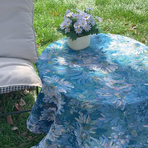 Blaue Tischdecke im Ölgemälde-Stil mit Blumenmuster, Dicke, staubdichte Retro-Tischdecke, Dekoration, geeignet für Wohnzimmer und Außenbereich (90 x 140 cm/Blauer Monet) von UJNHGQ